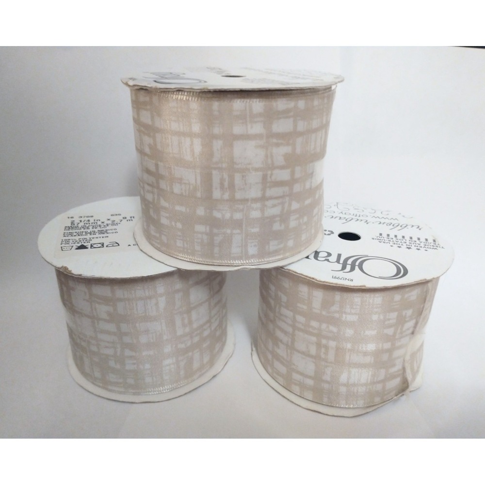 Offray 2.25" x 9' Tan & White Plaid Single Faced Satin Ribbon Lot Of 3